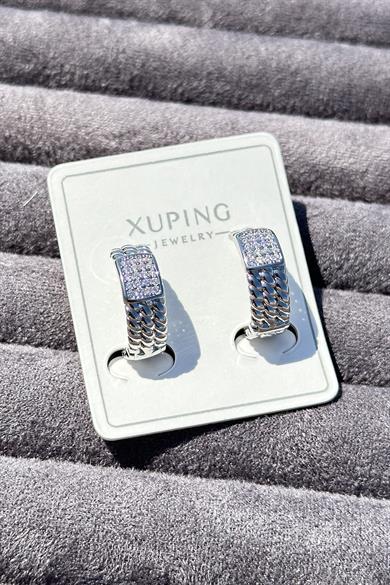 Gümüş Renk Taş Detaylı Çelik Halka Xupıng Küpe (Çift)