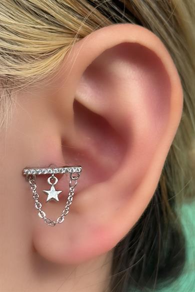 Gümüş Renk Taş Detaylı Çelik Tragus/Kıkırdak Küpe/Piercing (Tek)