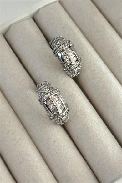 Gümüş Renk Taş Detaylı Çelik Xupıng Halka Küpe (Çift)