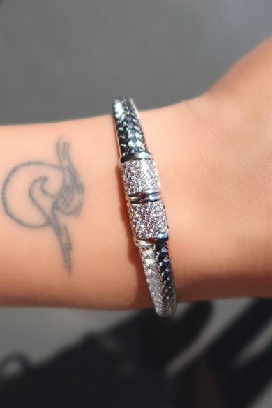 Gümüş Renk Taş Detaylı Çelik Xupıng VİP Kelepçe Bileklik