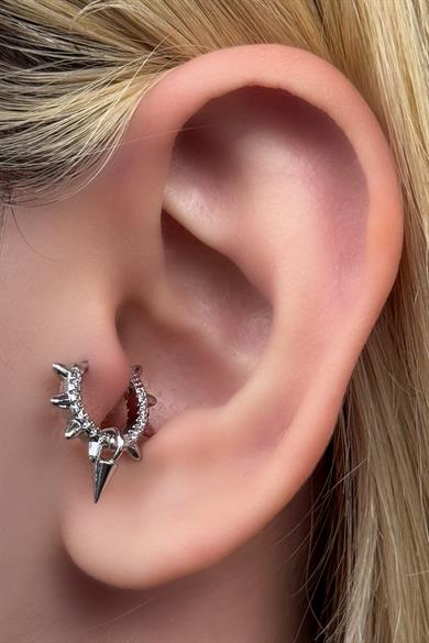 Gümüş Renk Taş Detaylı Cerrahi Çelik Halka Tragus/Kıkırdak Küpe/Piercing (Tek)