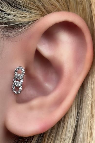 Gümüş Renk Taş Detaylı Çelik Tragus/Kıkırdak Küpe/Piercing (Tek)
