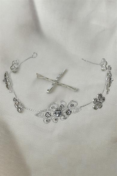 Gümüş Renk Taş Detaylı Gelin Saç Aksesuarı Ve Alınlık
