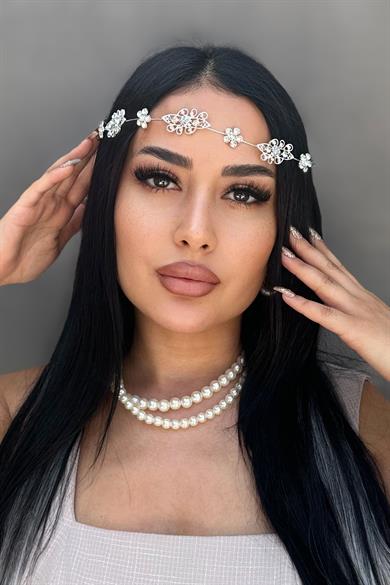 Gümüş Renk Taş Detaylı Gelin Saç Aksesuarı Ve Alınlık
