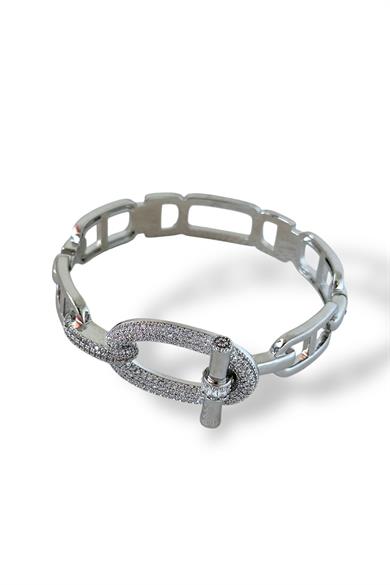 Gümüş Renk Taş Detaylı Kelepçe Bileklik