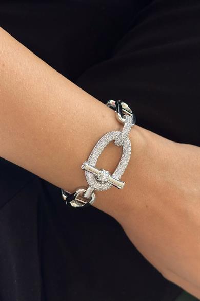 Gümüş Renk Taş Detaylı Kelepçe Bileklik