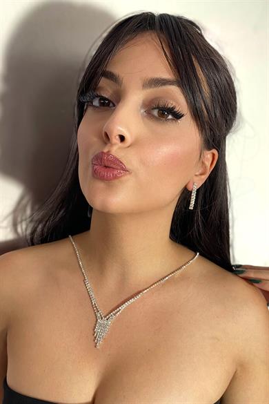 Gümüş Renk Taş Detaylı Kolye Ve Küpe Düğün Kına Nişan Gelin Set 