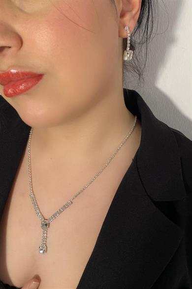 Gümüş Renk Taş Detaylı Kolye Ve Küpe Düğün Kına Nişan Gelin Set 