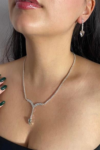 Gümüş Renk Taş Detaylı Kolye Ve Küpe Düğün Kına Nişan Gelin Set