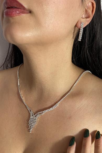 Gümüş Renk Taş Detaylı Kolye Ve Küpe Düğün Kına Nişan Gelin Set 