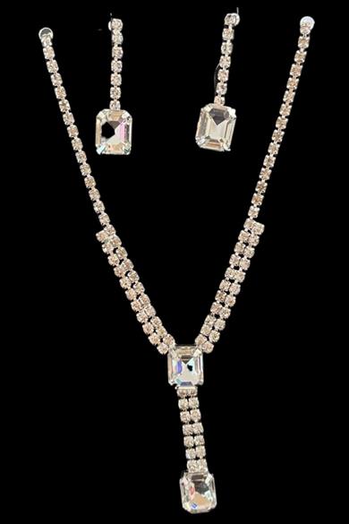 Gümüş Renk Taş Detaylı Kolye Ve Küpe Düğün Kına Nişan Gelin Set 