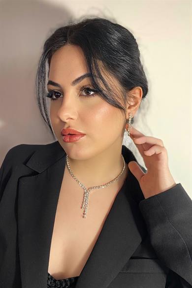 Gümüş Renk Taş Detaylı Kolye Ve Küpe Düğün Kına Nişan Gelin Set 