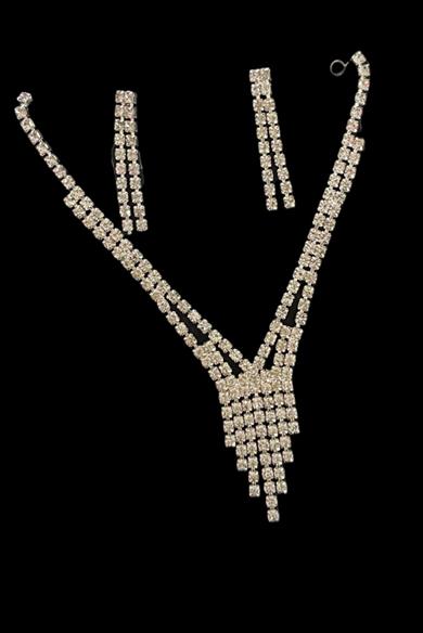 Gümüş Renk Taş Detaylı Kolye Ve Küpe Düğün Kına Nişan Gelin Set 