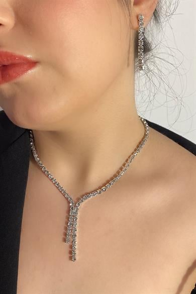 Gümüş Renk Taş Detaylı Kolye Ve Küpe Düğün Kına Nişan Gelin Set 