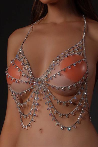 Gümüş Renk Taş Detaylı Tasarım Vücut Aksesuarı