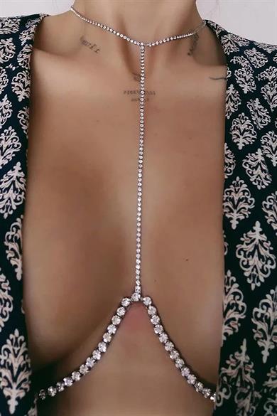 Gümüş Renk Taş Detaylı Tasarım Vücut Aksesuar