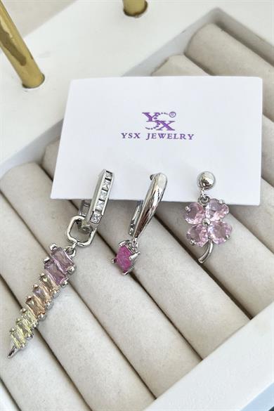 Gümüş Renk Taş Detaylı VİP 3lü YSX Küpe Set 