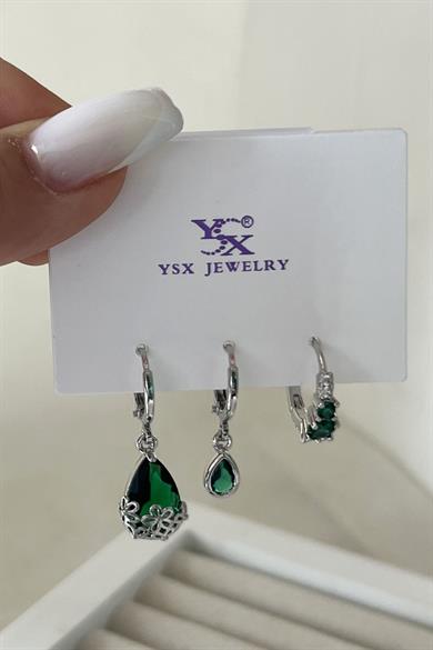 Gümüş Renk Taş Detaylı VİP 3lü YSX Küpe Set 