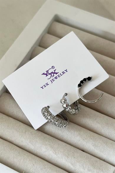 Gümüş Renk Taş Detaylı VİP 3lü YSX Küpe Set 