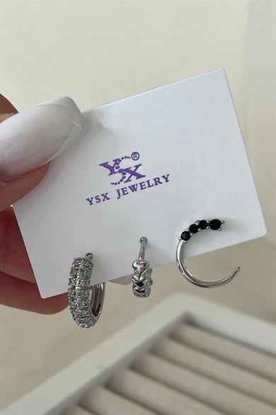 Gümüş Renk Taş Detaylı VİP 3lü YSX Küpe Set 