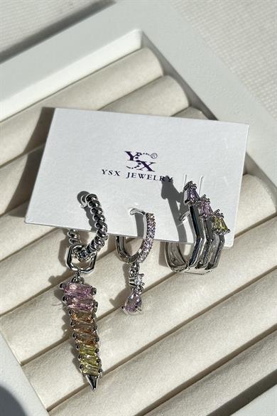 Gümüş Renk Taş Detaylı VİP 3lü YSX Küpe Set 