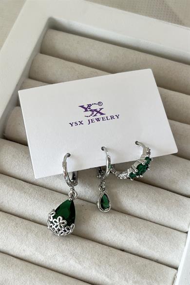 Gümüş Renk Taş Detaylı VİP 3lü YSX Küpe Set 