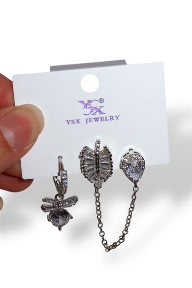 Gümüş Renk Taş Detaylı VİP 3lü YSX Küpe Set