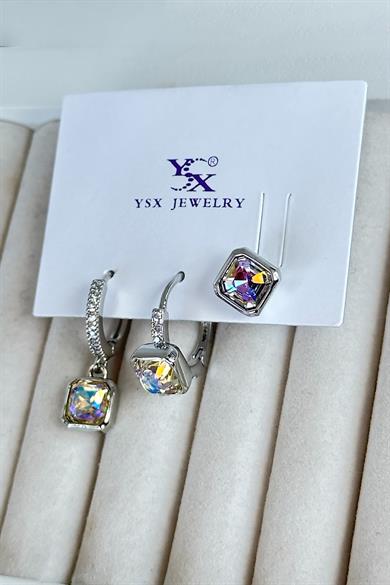 Gümüş Renk Taş Detaylı VİP 3lü YSX Küpe Set 
