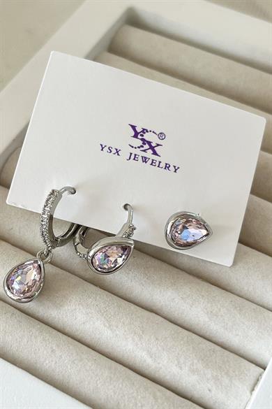 Gümüş Renk Taş Detaylı VİP 3lü YSX Küpe Set 