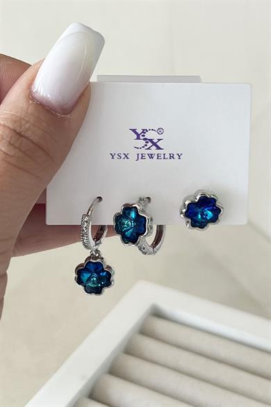 Gümüş Renk Taş Detaylı VİP 3lü YSX Küpe Set 