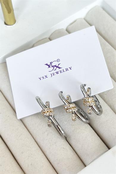 Gümüş Renk Taş Detaylı VİP 3lü YSX Küpe Set 