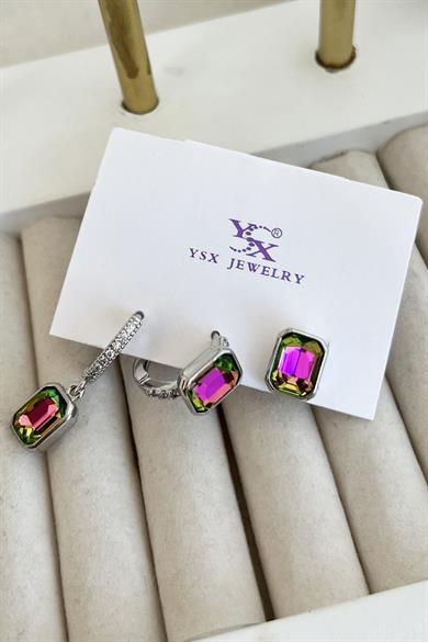 Gümüş Renk Taş Detaylı VİP 3lü YSX Küpe Set 