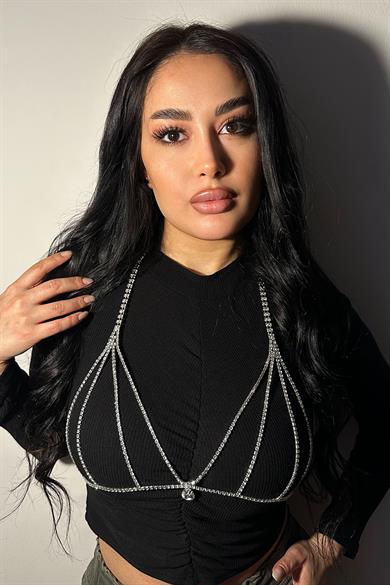 Gümüş Renk Taşlı Bikini Üstü/ Vücut Aksesuarı