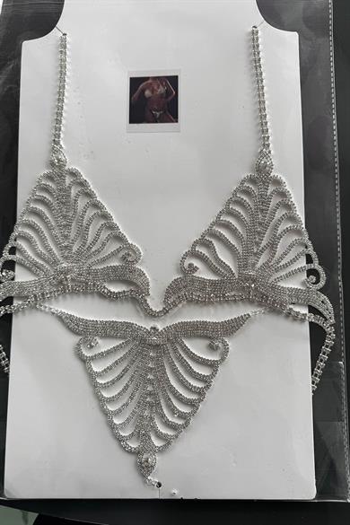 Gümüş Renk Taşlı Sütyen ve Tanga Takım Kostüm/ İç Giyim/ Vücut Aksesuarı Set