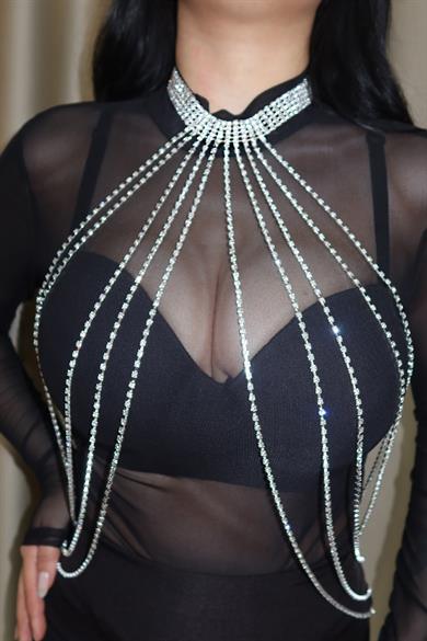 Gümüş Renk Taşlı Tasarım Vücut Aksesuarı