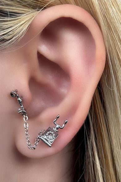 Gümüş Renk Telefon Figürlü Çelik Tragus/Kıkırdak Küpe/Piercing (Tek)