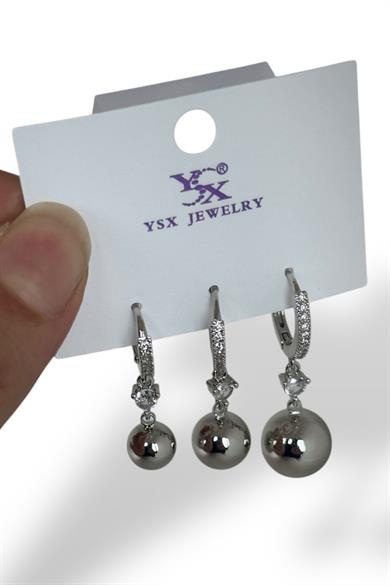 Gümüş Renk Top Detaylı VİP 3lü YSX Küpe Set