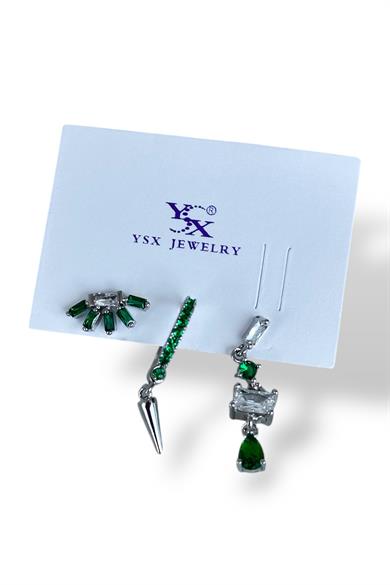 Gümüş Renk Yeşil Taş Detaylı VİP 3lü YSX Küpe Set 