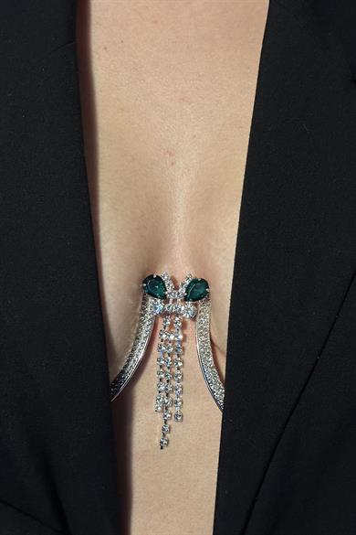 Gümüş Renk Yeşil Taş Detaylı Vücut Aksesuarı