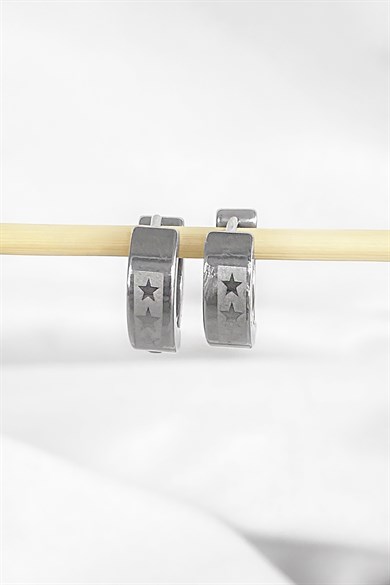 Silver Color Star Patterned Unisex Ring Earrings (Double)