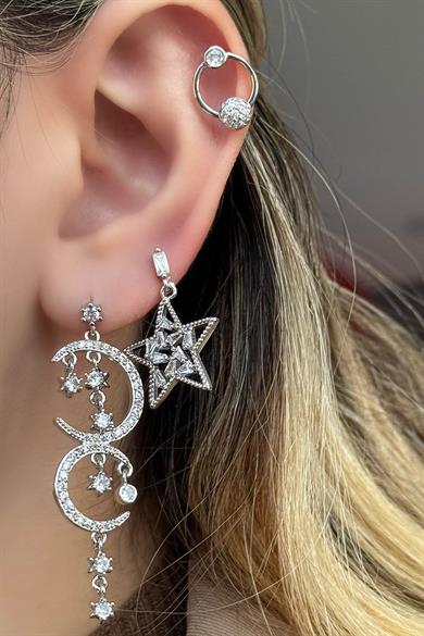 Gümüş Renk Yıldız Ve Ay Figürlü Taş Detaylı VİP 3lü YSX Küpe Set