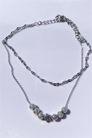 Gümüş Renk Yıldız Ve Boncuk Figürlü Çelik Halhal