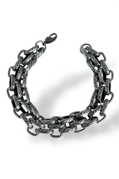 Gümüş Renk Zincir Detaylı Erkek Çelik Bileklik