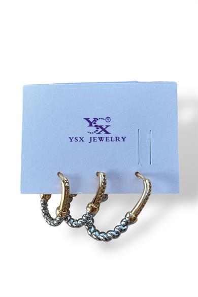 Gümüş Ve Altın Renk Burgu Detaylı 3lü YSX Küpe Set