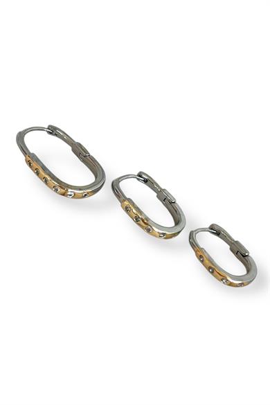 Gümüş Ve Altın Renk Çarpı  Detaylı Taşlı VİP 3lü YSX Küpe Set 