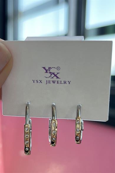 Gümüş Ve Altın Renk Çarpı  Detaylı Taşlı VİP 3lü YSX Küpe Set 