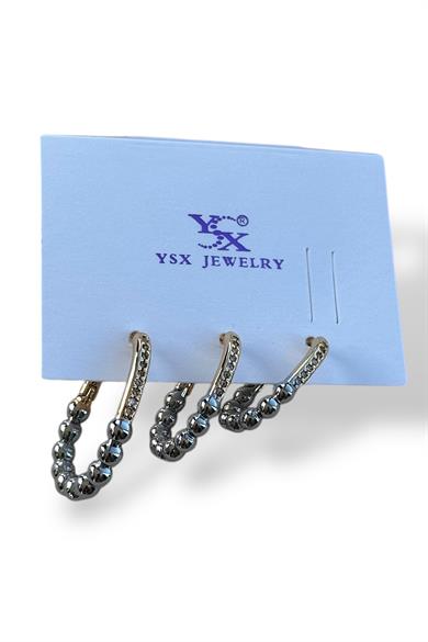 Gümüş Ve Altın Renk Taş Detaylı 3lü YSX Küpe Set