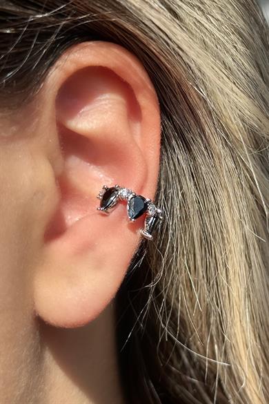 Gümüş Ve Siyah Renk Taş Detaylı Çelik Ear Cuff (Çift)