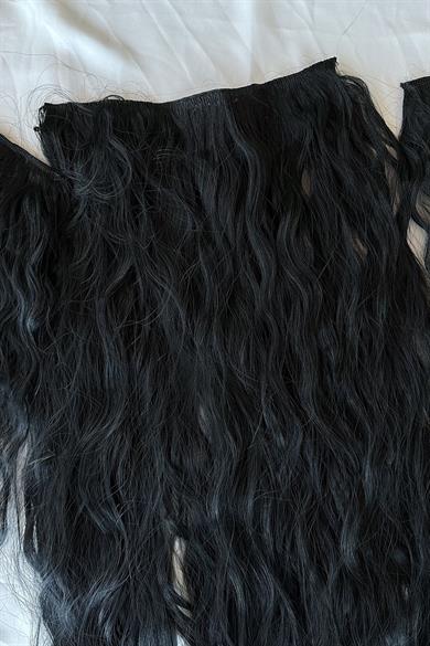 Isıya Dayanıklı Yıkanabilir Yarımay ÇıtÇıt Saç 1#Siyah-Dalgalı-60Cm-110 Gr+2 Adet YanÇıtÇıtSaç
