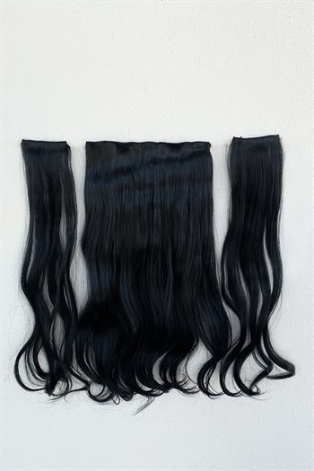 Heat Resistant Washable Semi-Ray Hair - HT1 - Black - Wavy - 60 Cm - 110 Gr + 2 Pieces of Side Snap Hair
